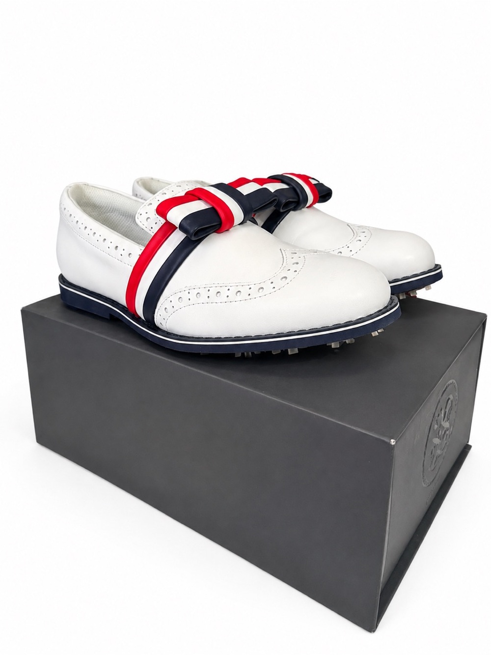G/FORE Women's White Leather Golf Loafers with Red & Navy Straps 9.5